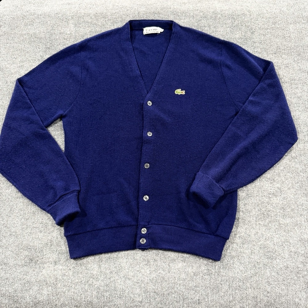 IZOD Lacoste Vintage Knit Cardigan Sweater Alligator Blue Mens XL Grandpa